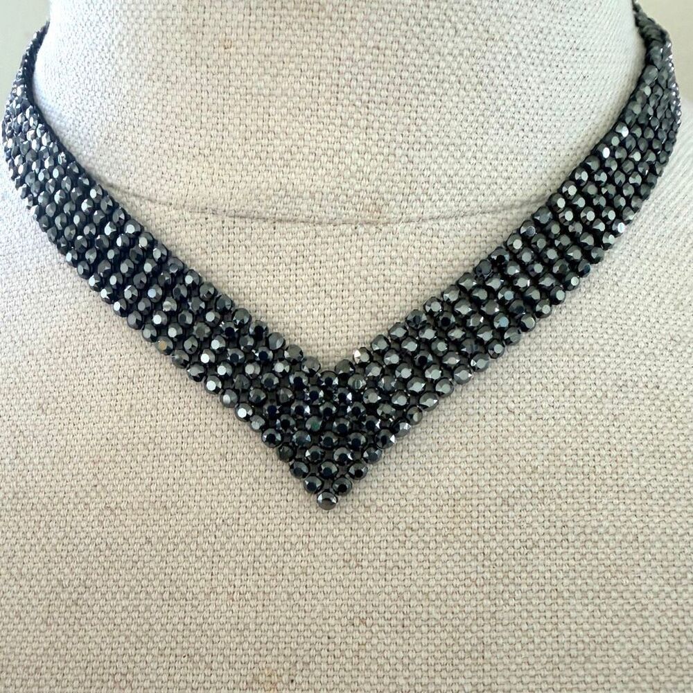 Swarovski Fit Jet Hematite Crystal Mesh V Necklace Ruthenium